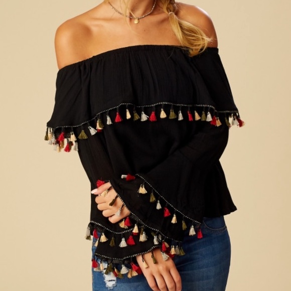 Women’s Altar’d State Black Tassel Marisol Top - Picture 2 of 5